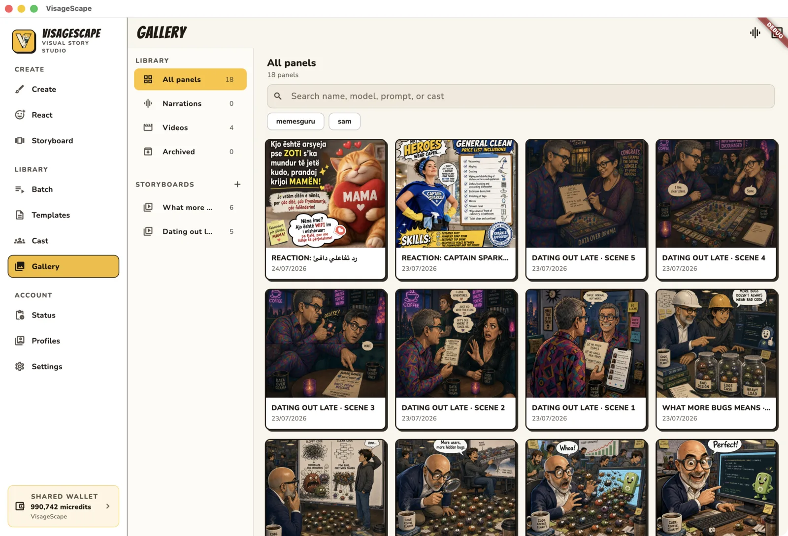 Finished visual stories in the VisageScape gallery.