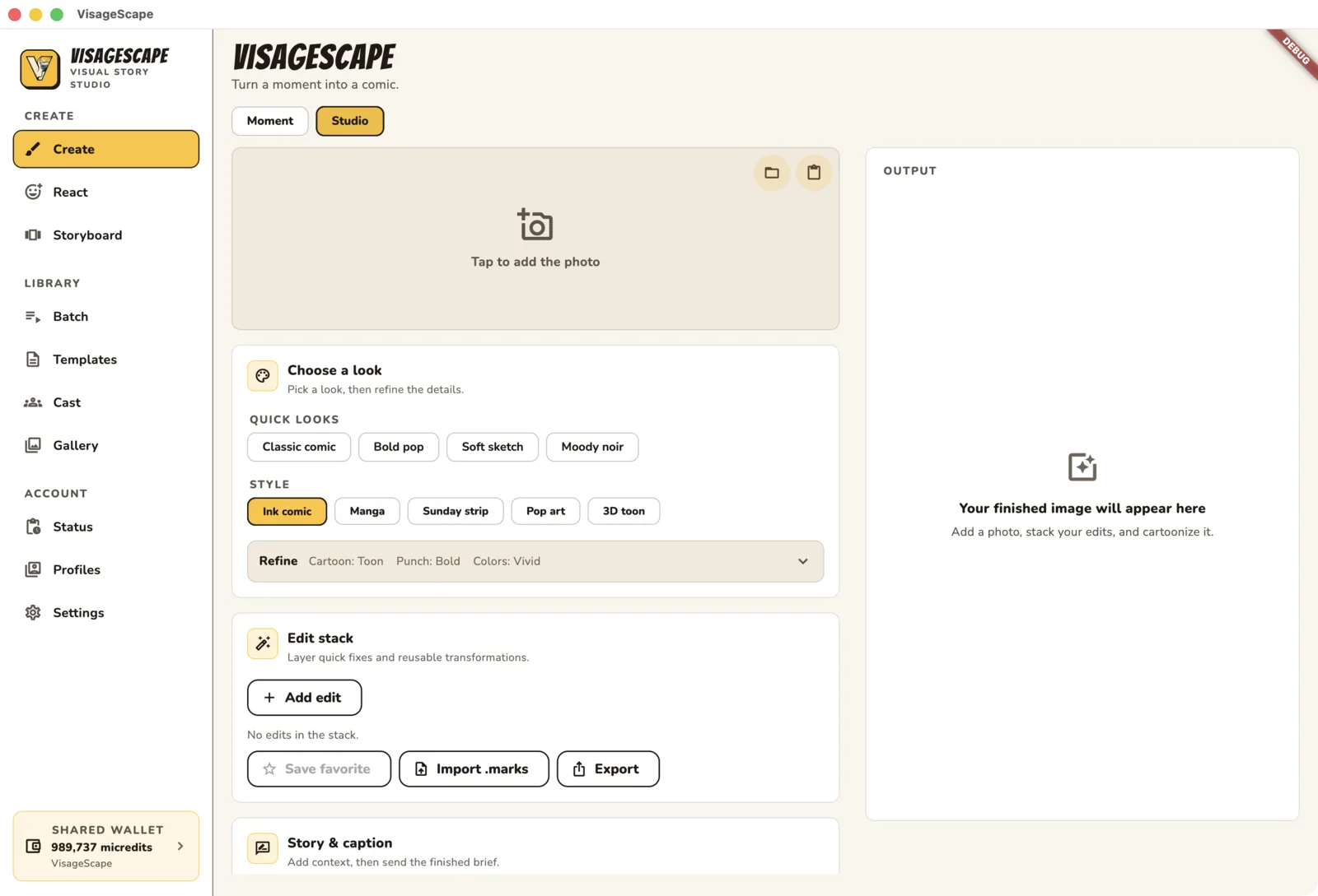 The VisageScape studio, rendering a photo into a chosen style.