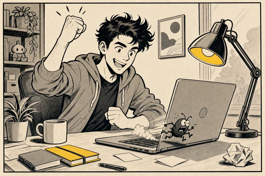 A person at a desk laughing at something on their screen.