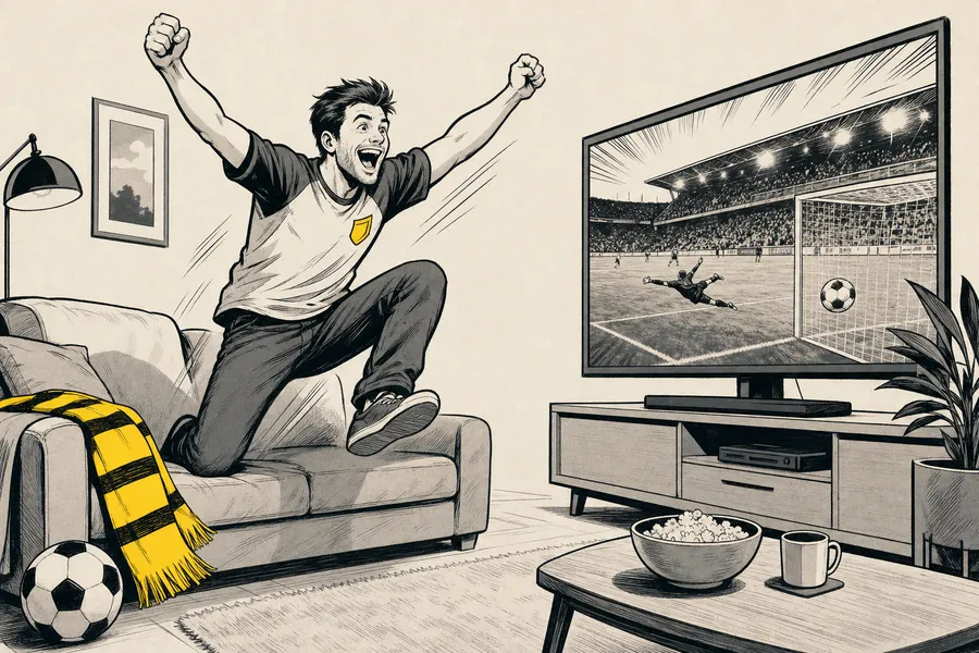 A person leaping up with joy at home.